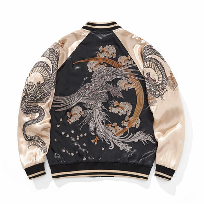 Back view of beige color sukajan jacket featuring phoenix and falling petals.
