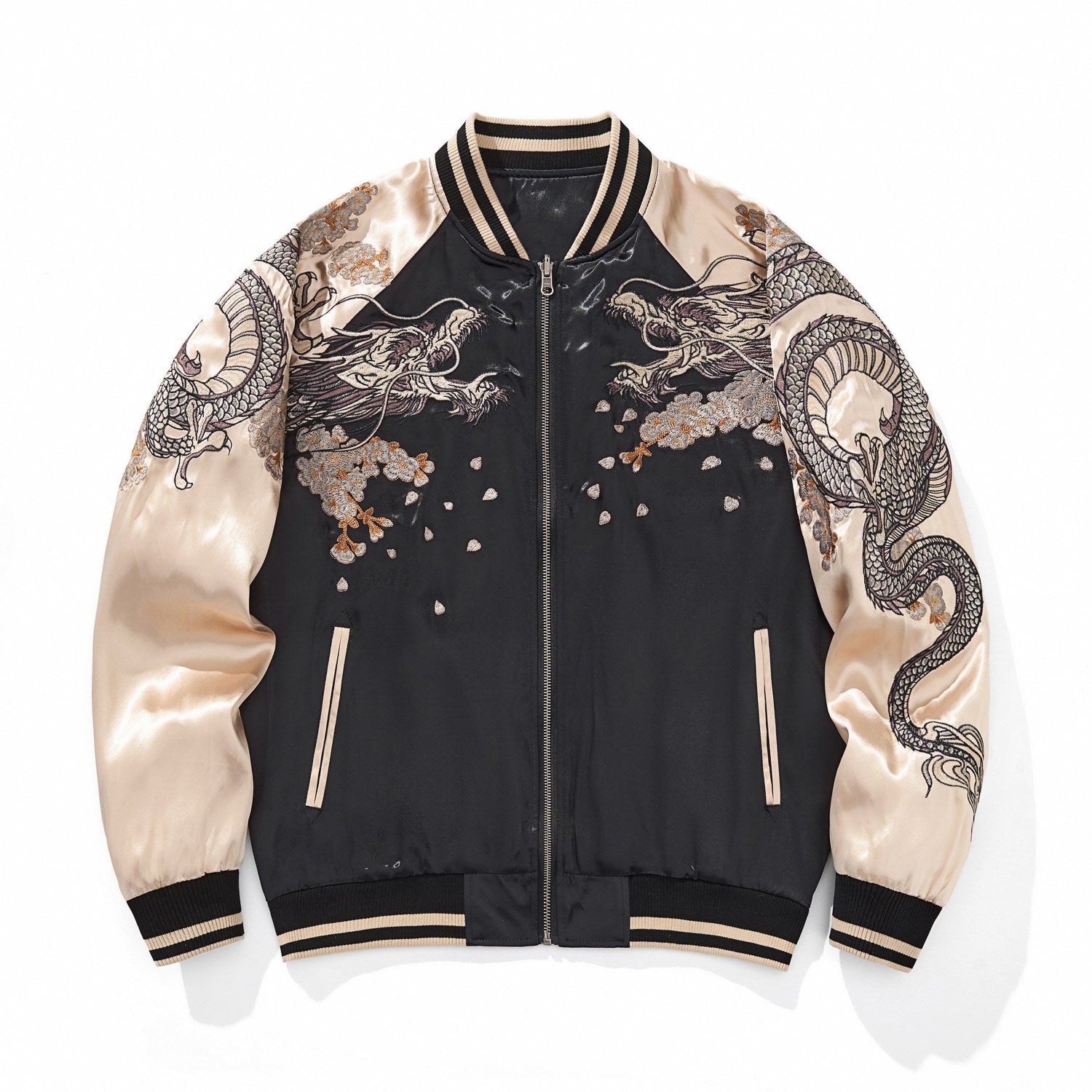 Front view of beige color sukajan jacket with twin dragons.