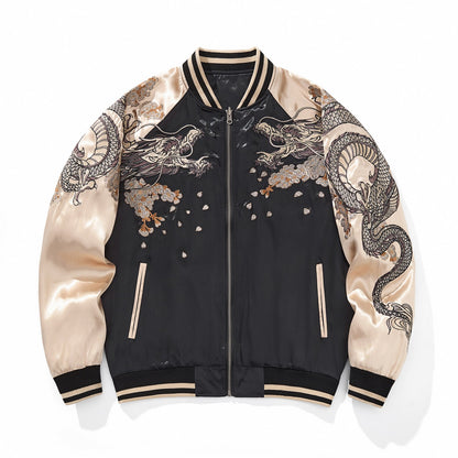 Front view of beige color sukajan jacket with twin dragons.
