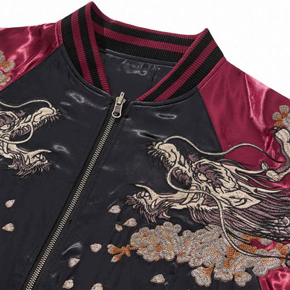 Collar and zipper detail with twin dragon head embroidery.