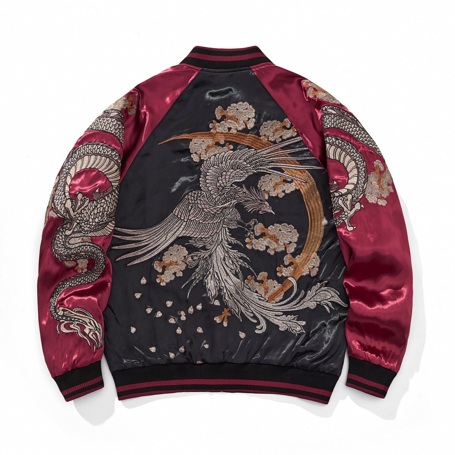 Back view of burgundy color sukajan jacket featuring phoenix and falling petals.