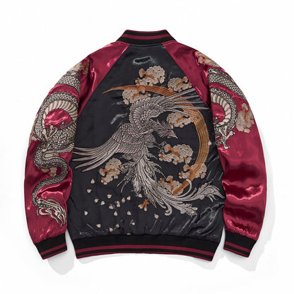 Back view of burgundy color sukajan jacket featuring phoenix and falling petals.