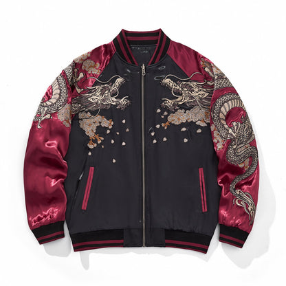 Front view of burgundy color sukajan jacket with twin dragons.