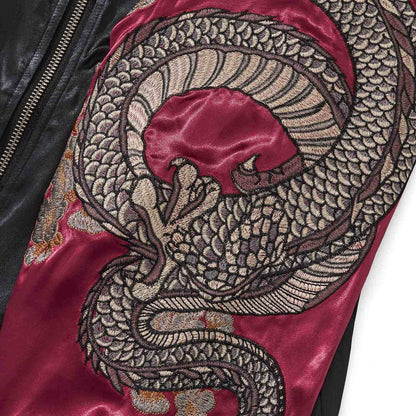 Sleeve dragon body embroidery close-up showing coiled scales.