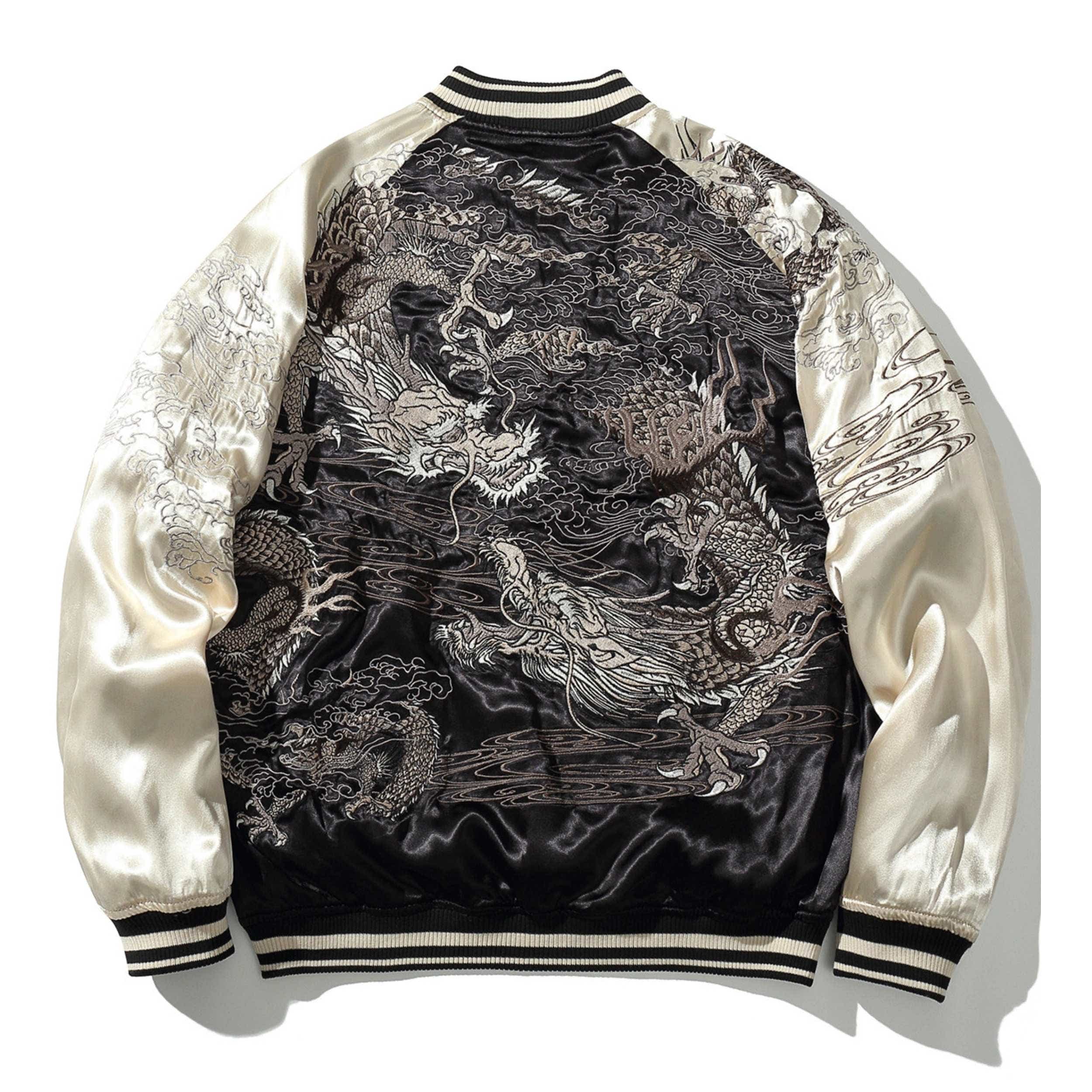 black side back view with multi-dragon maelstrom embroidery; reversible jacket.