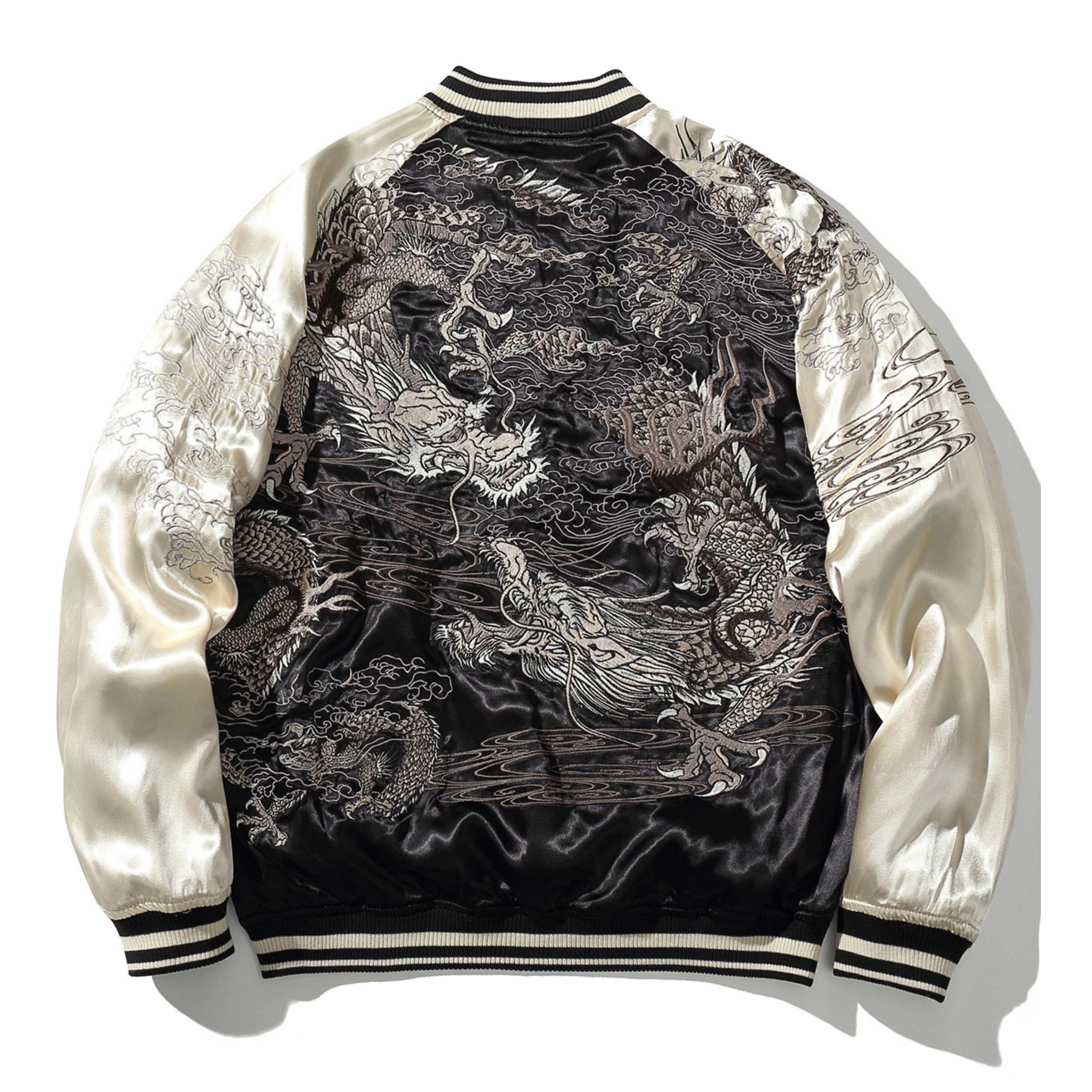 black side back view with multi-dragon maelstrom embroidery; reversible jacket.