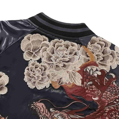 Back shoulder detail — dense peony clusters around dragon head.