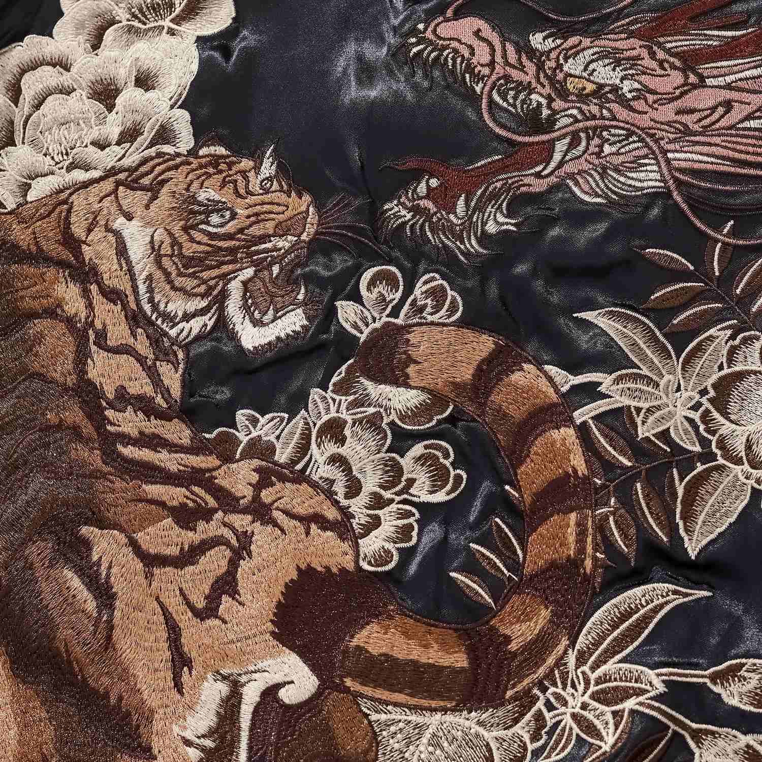 Back detail — prowling tiger with curled tail and florals.