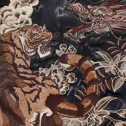 Back detail — prowling tiger with curled tail and florals.