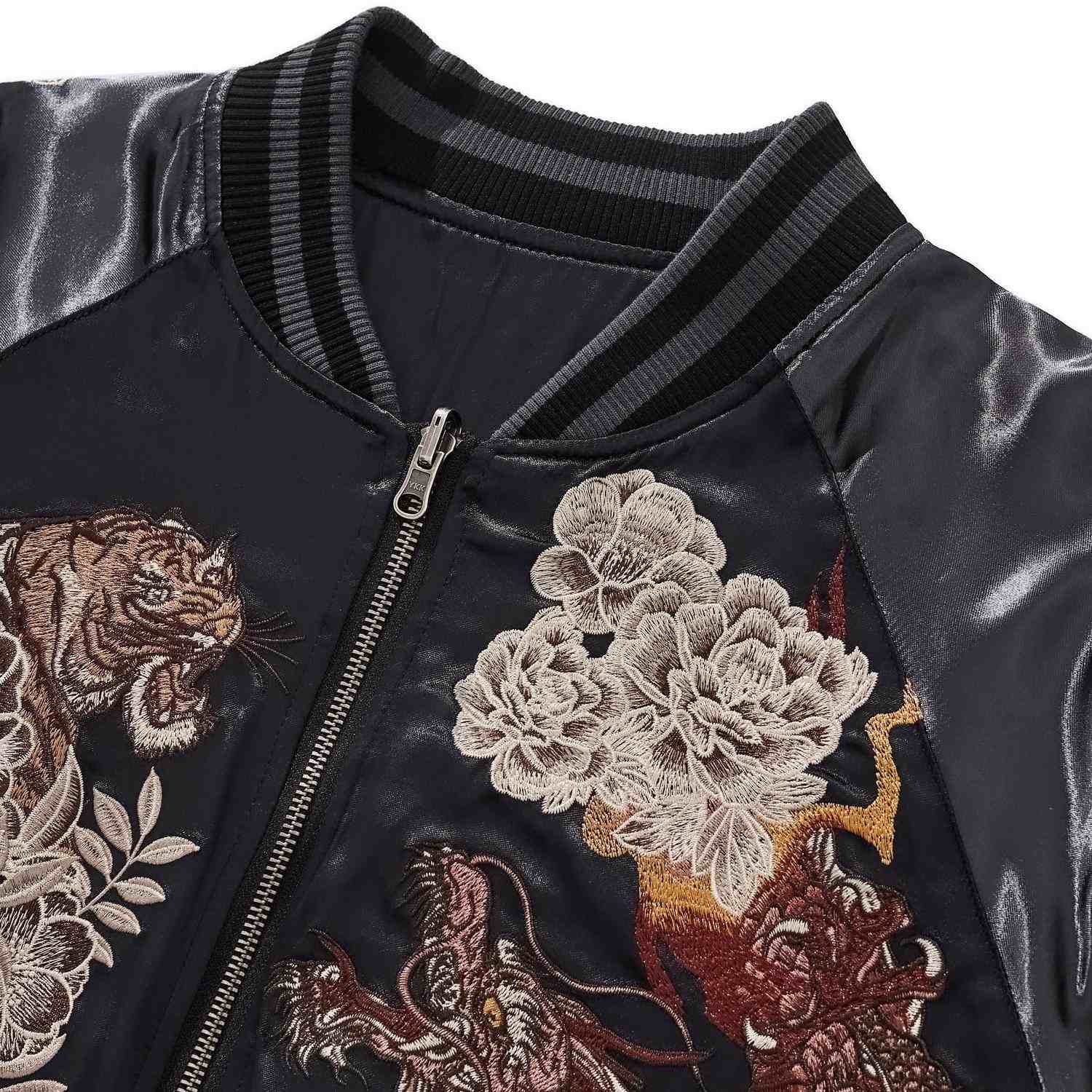 Collar detail — front neckline with tiger & dragon beside peonies.