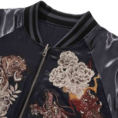 Collar detail — front neckline with tiger & dragon beside peonies.