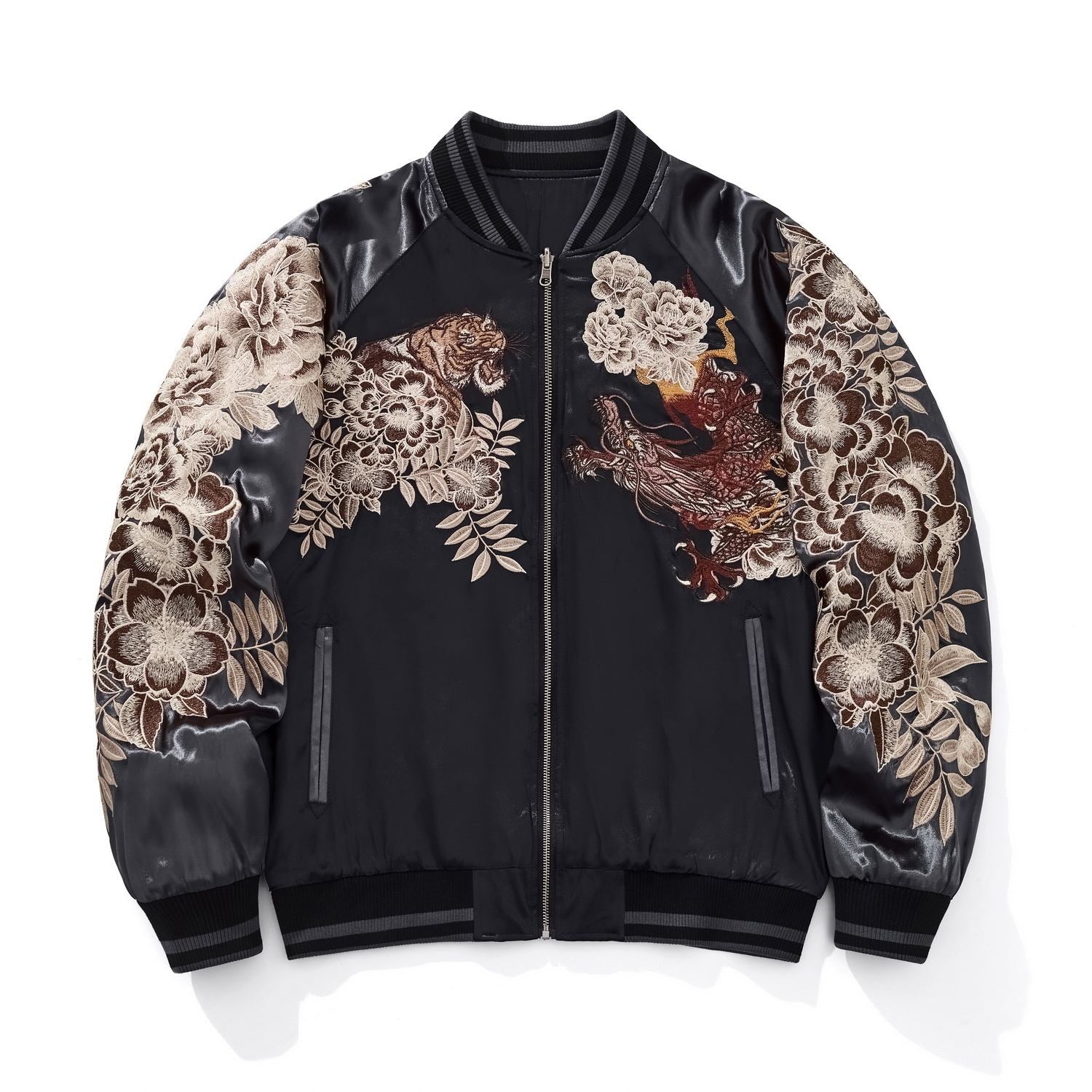 Gray sleeves front view; tiger and dragon with floral panels.