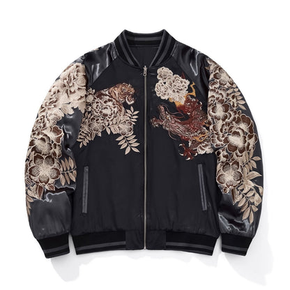 Gray sleeves front view; tiger and dragon with floral panels.