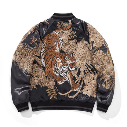 Back view of gray color sukajan jacket featuring tiger and chrysanthemums.