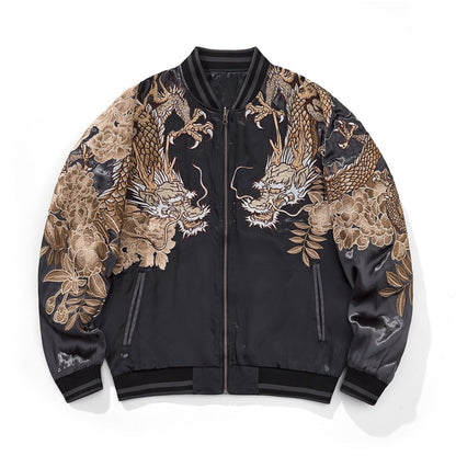 Front view of gray color sukajan jacket with twin dragons on sleeves.