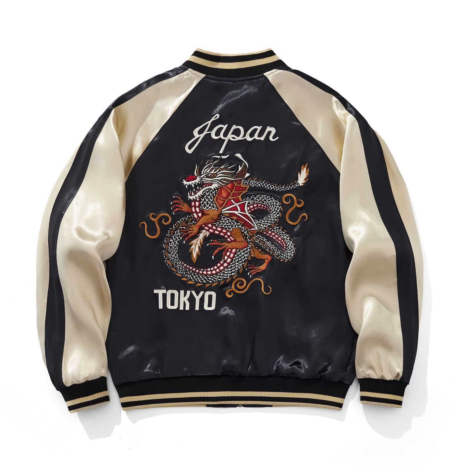 Back view of beige color sukajan jacket featuring Tokyo dragon embroidery and Japan text.