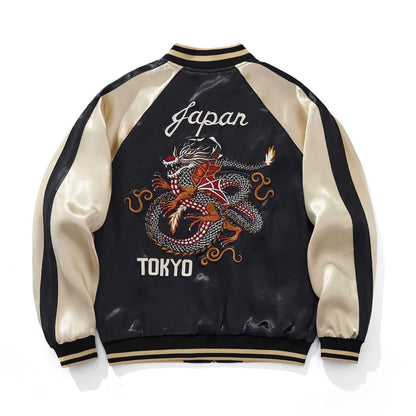 Back view of beige color sukajan jacket featuring Tokyo dragon embroidery and Japan text.