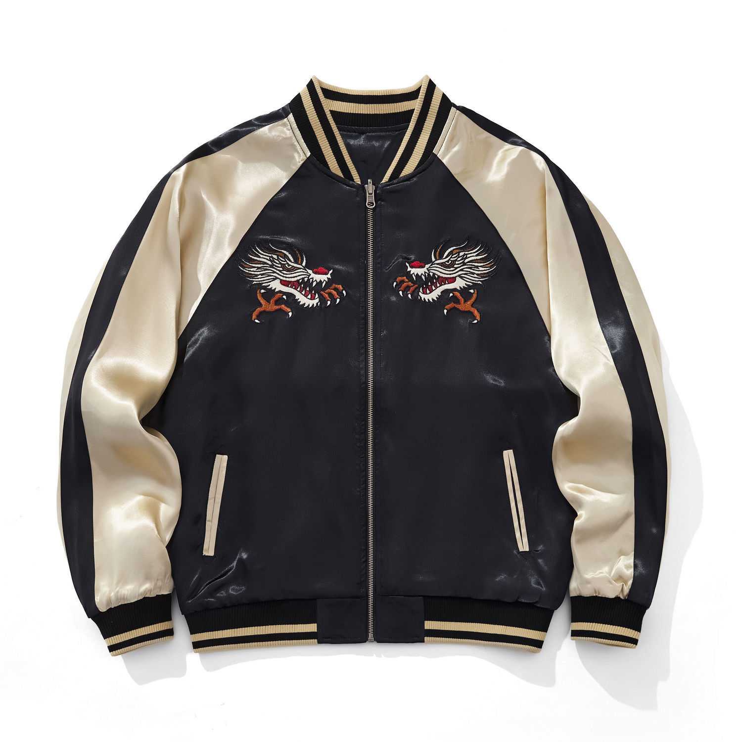 Main image — front view of beige color sukajan jacket with twin winged dragons on chest.