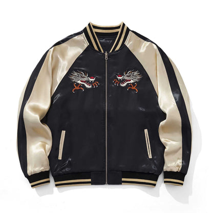 Main image — front view of beige color sukajan jacket with twin winged dragons on chest.