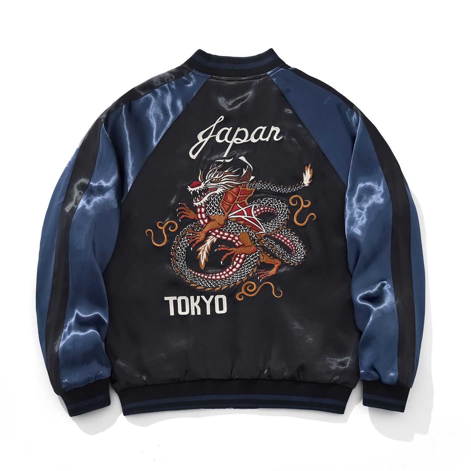 Back view of blue color sukajan jacket featuring Tokyo dragon embroidery and Japan text.