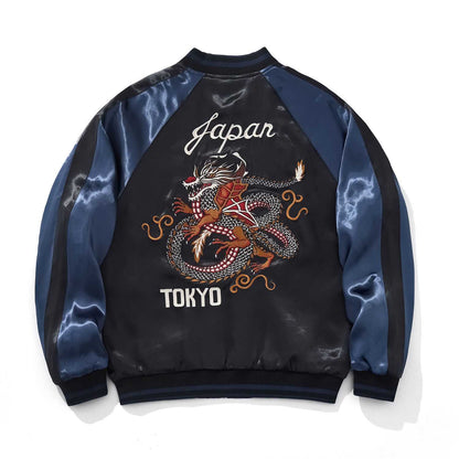 Back view of blue color sukajan jacket featuring Tokyo dragon embroidery and Japan text.