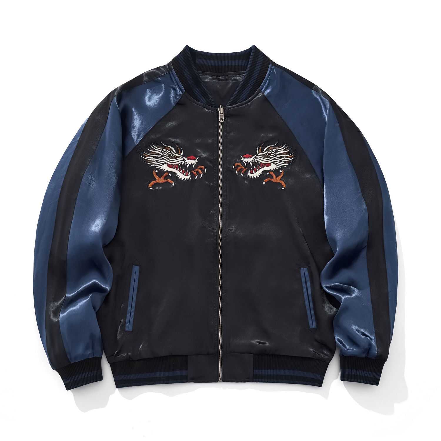 Main image — front view of blue color sukajan jacket with twin winged dragons on chest.