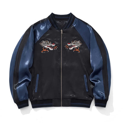 Main image — front view of blue color sukajan jacket with twin winged dragons on chest.