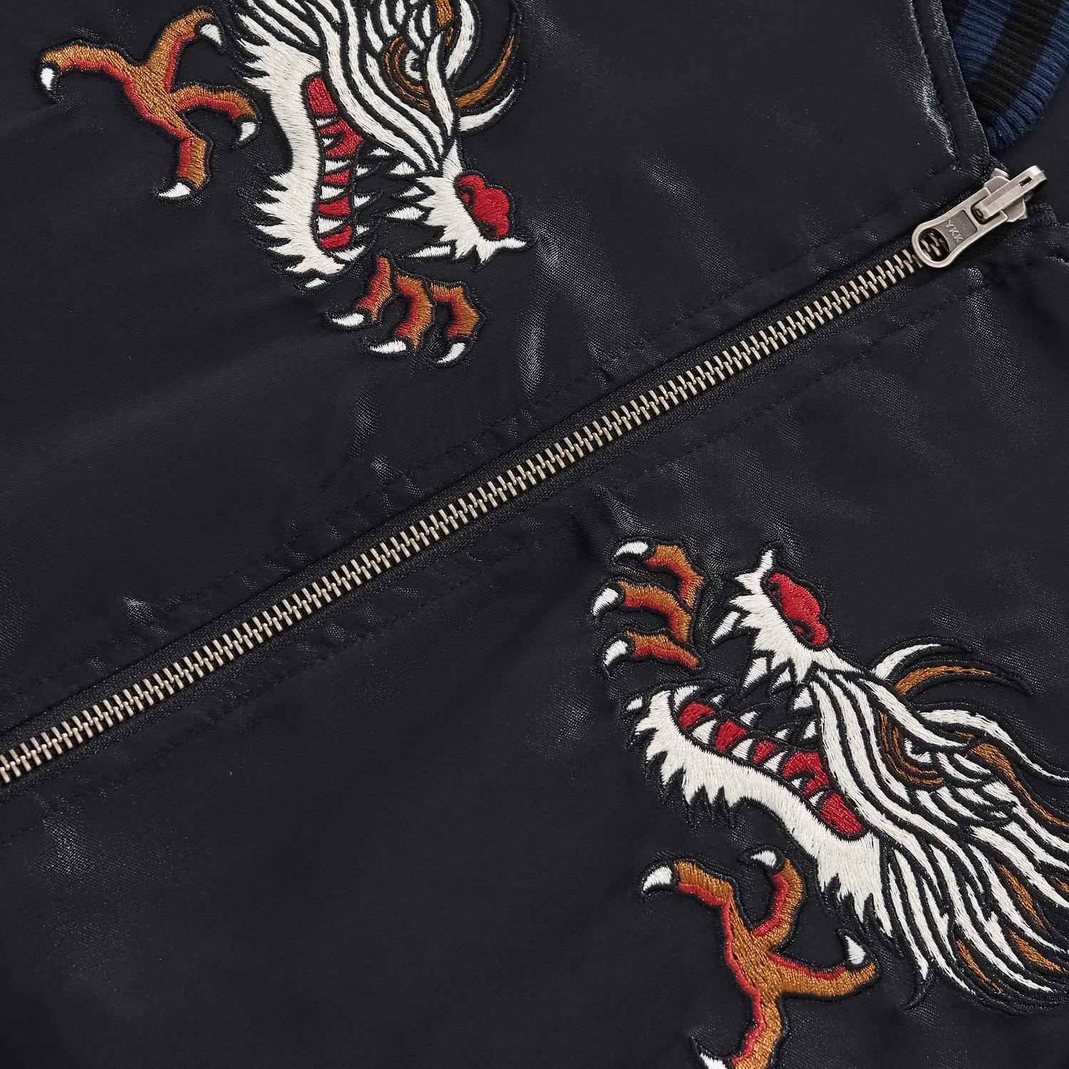 Chest twin dragon embroidery close-up with fierce claws and teeth.