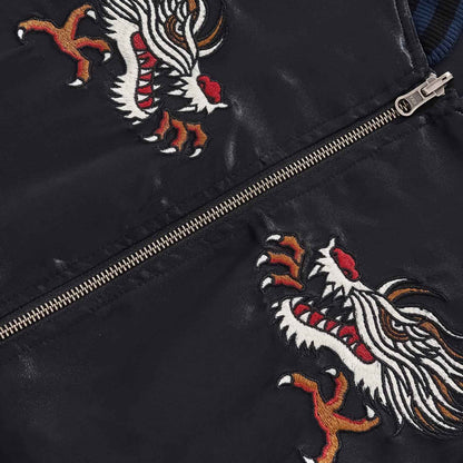 Chest twin dragon embroidery close-up with fierce claws and teeth.