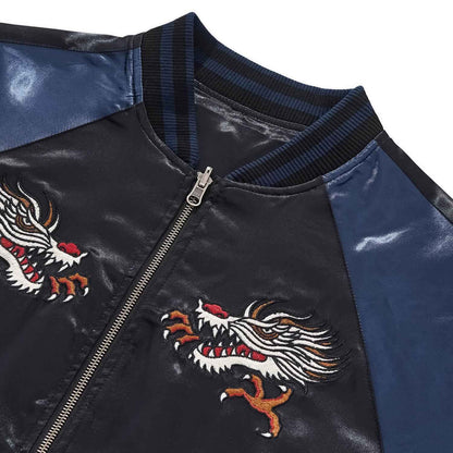 Ribbed collar and raglan seam with chest dragon embroidery.