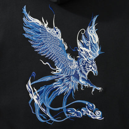 Back embroidery close-up of the blue phoenix on the black hoodie with layered threads
