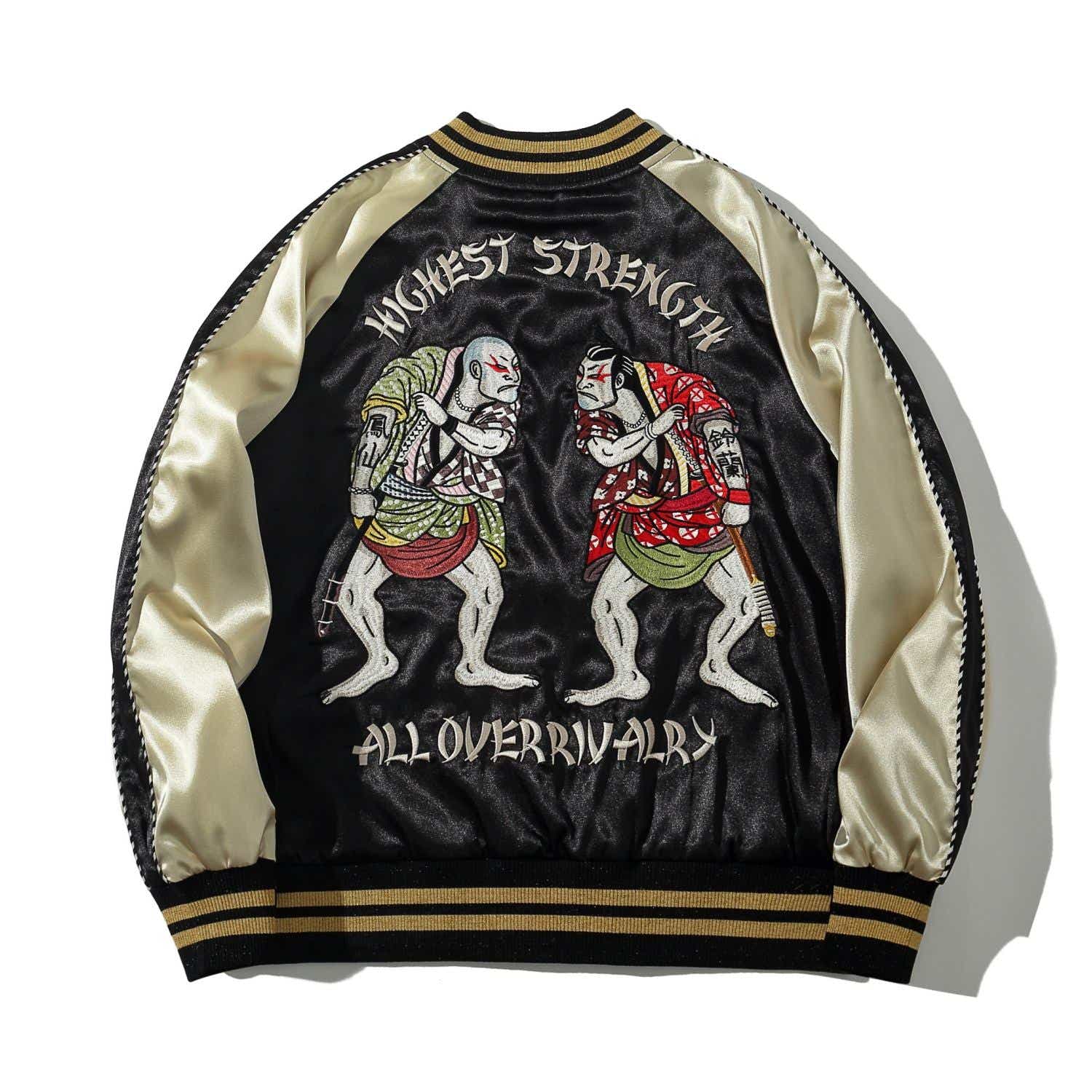 Back view of Crows Suzuran vs Housen rivalry sukajan jacket with two fighters embroidery and “Highest Strength” lettering.