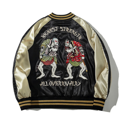 Back view of Crows Suzuran vs Housen rivalry sukajan jacket with two fighters embroidery and “Highest Strength” lettering.
