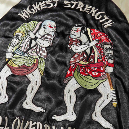 Close-up of two brawler characters facing off on back embroidery of Crows Suzuran vs Housen Japanese sukajan jacket.