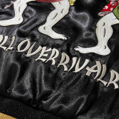 Close-up of “All Over Rivalry” text and fighters’ feet embroidery on back hem of Crows Suzuran vs Housen sukajan.