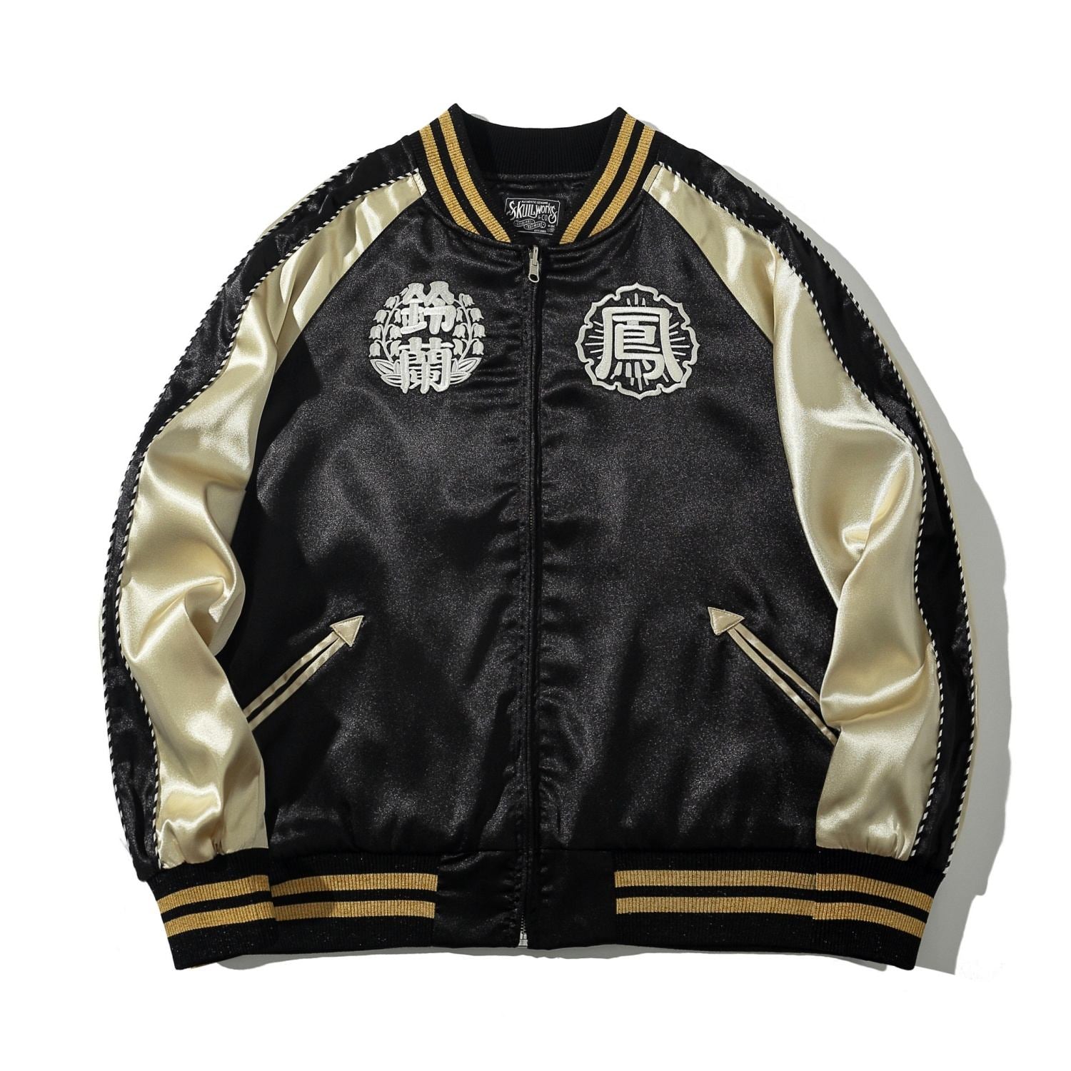 Front view of Crows Suzuran vs Housen rivalry sukajan jacket with black satin body, beige sleeves and school crest emblems.