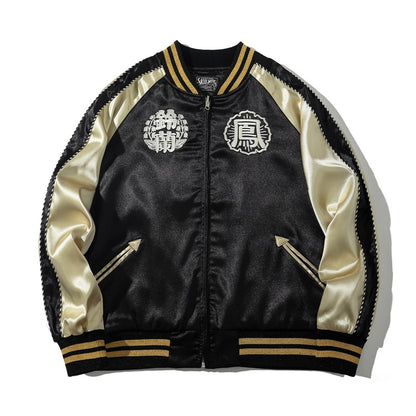 Front view of Crows Suzuran vs Housen rivalry sukajan jacket with black satin body, beige sleeves and school crest emblems.