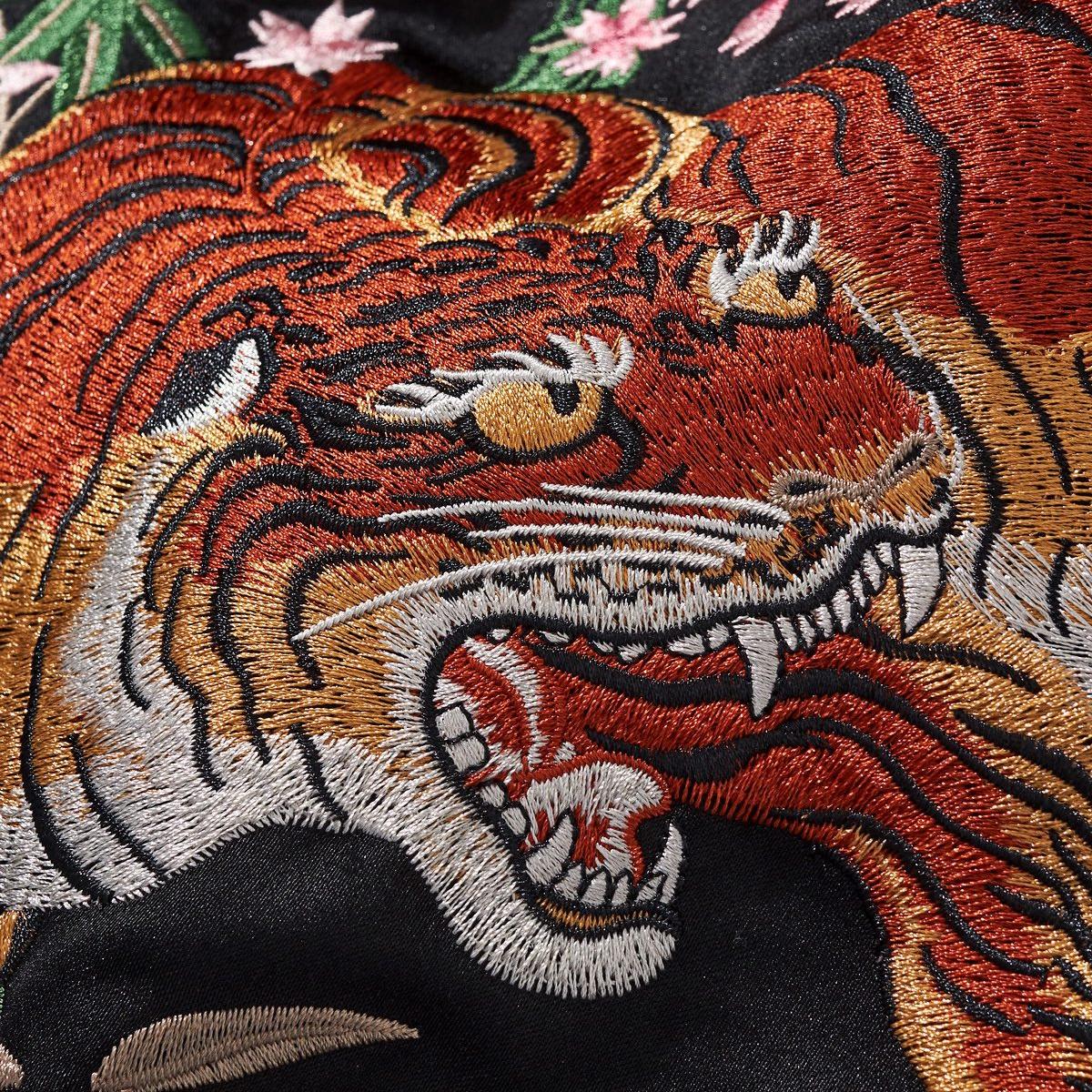 Tiger head embroidery close-up highlighting color gradients and texture