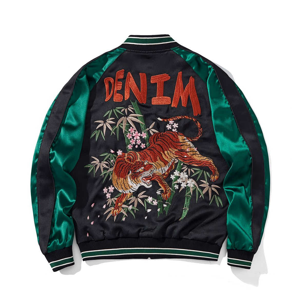 Back view featuring a prowling tiger amid bamboo and sakura with bold “DENIM” lettering