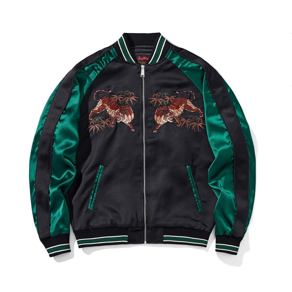 Front view with twin tiger-and-bamboo embroidery and deep-green satin sleeves with black side stripe