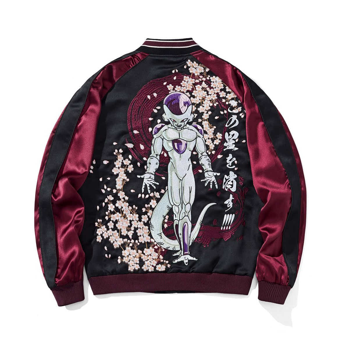 Back view featuring Frieza with swirling sakura petals and kanji