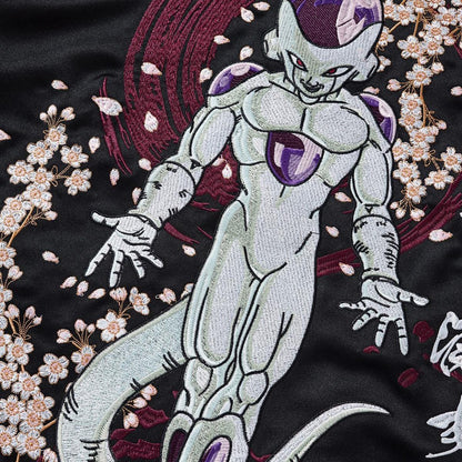 Close-up of Frieza embroidery showing layered satin stitches