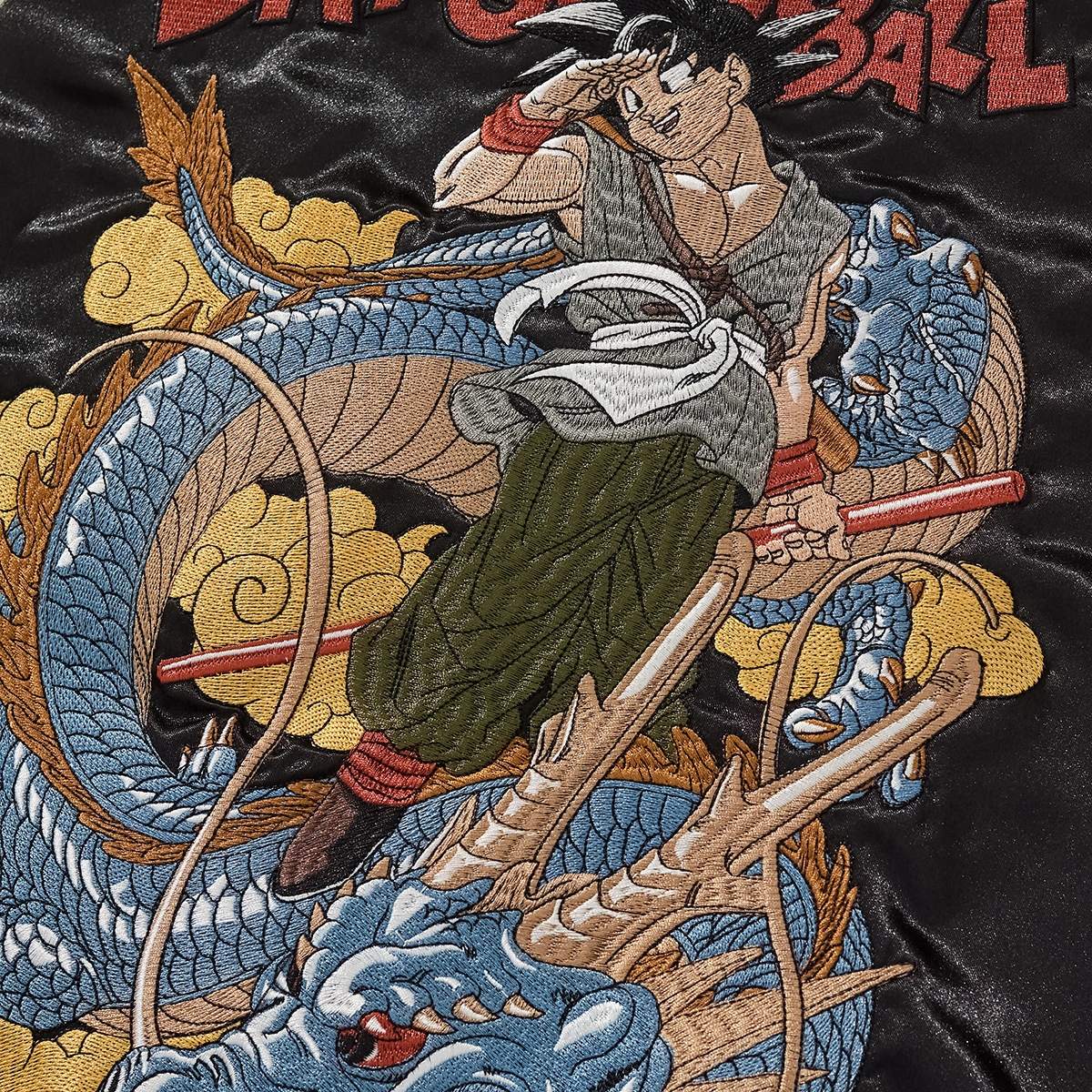 Macro embroidery of Goku riding Shenron with clouds on the back of Dragon Ball sukajan jacket.