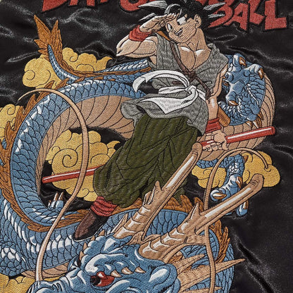 Macro embroidery of Goku riding Shenron with clouds on the back of Dragon Ball sukajan jacket.