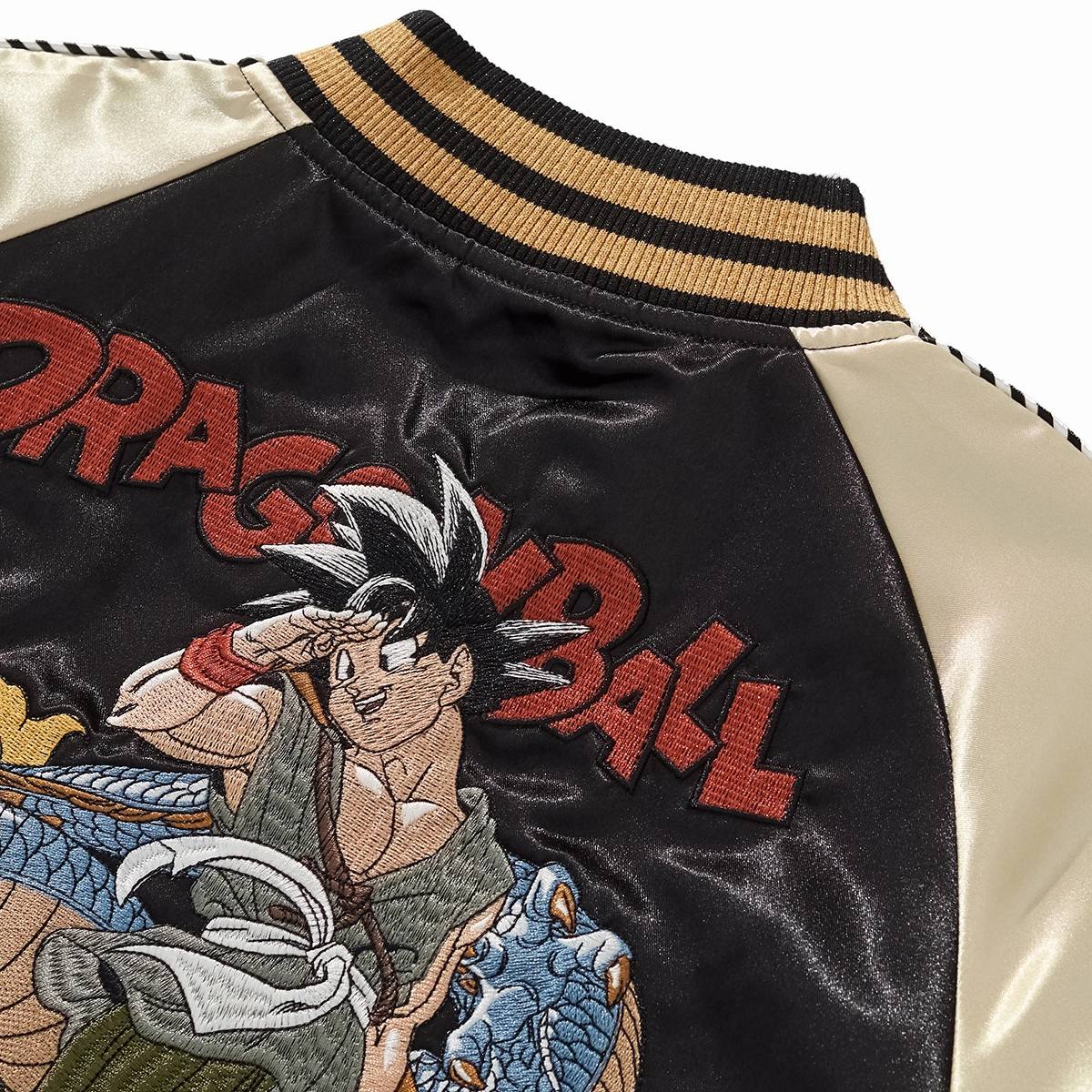 Back yoke detail showing Dragon Ball logo lettering and Goku with Shenron embroidery near the collar.
