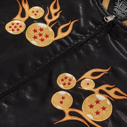 Chest embroidery detail with mirrored flaming Dragon Balls on Dragon Ball Goku & Shenron sukajan jacket.