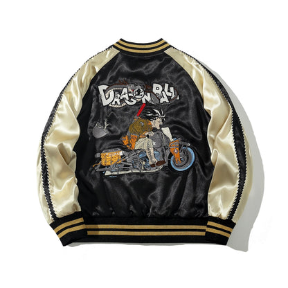 Back view of Dragon Ball Rider embroidered sukajan showing anime rider on motorbike and Dragon Ball logo.