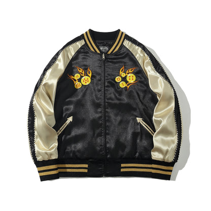 Front view of Dragon Ball Rider embroidered sukajan jacket with flaming dragon balls on chest and beige sleeves.