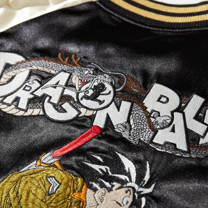 Close-up of Dragon Ball logo and coiled dragon embroidery on the back of Dragon Ball Rider anime sukajan jacket.
