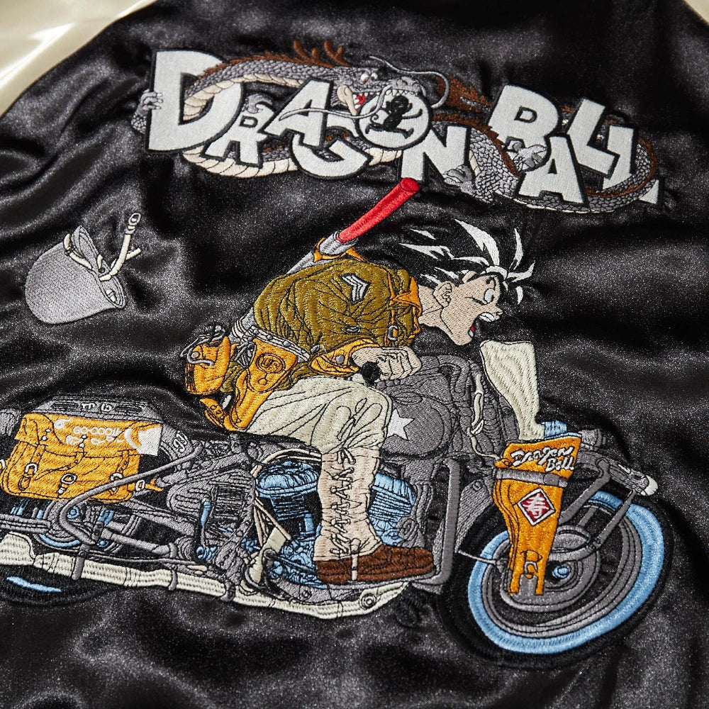 Macro detail of biker rider and Dragon Ball logo embroidery on back of Dragon Ball Rider sukajan jacket.